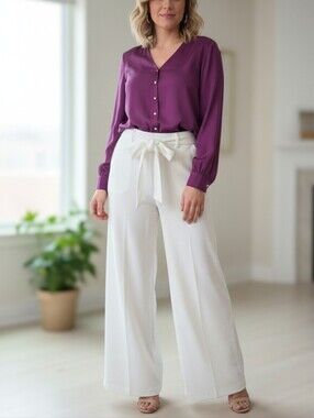 Brushed Winter White Wide-Leg Tie-Waist Pants size L